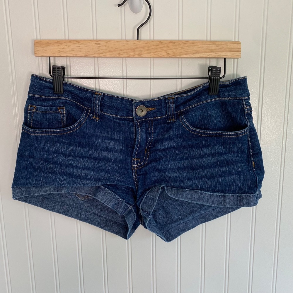 NoBo Womens Y2K Micro Mini Denim‎ Shorts Size 11 Stretch Booty Low Rise Cuffed